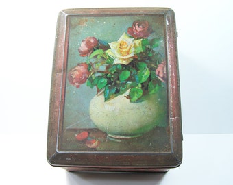 Large red tin box bouquet of roses and leaves pattern embossed vintage