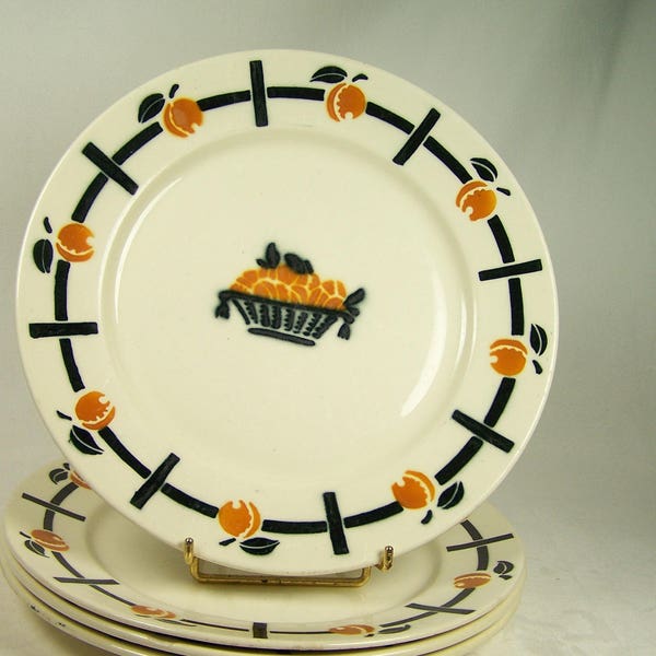 4 assiettes plates Badonviller orange et noir motif abricots  faïence de Badonviller assiettes vintage Made in France