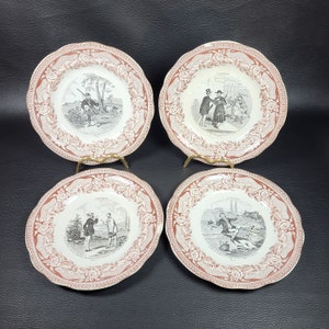 Gien 4 dessert plates from Gien red talking plates &quot;buffoonery&quot; pattern vintage  1860-1871 Made in France