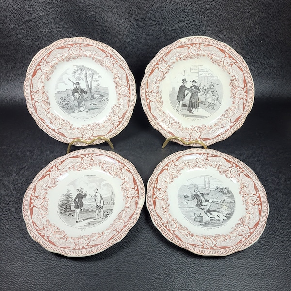 Gien 4 Assiettes à dessert série "bouffoneries" faïence de Gien assiettes parlantes décor rouge 1860-1871 vintage Made in France