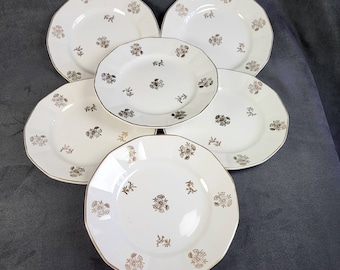 Sarreguemines Fleurs de France 6 dessert plates gilded white earthenware and gilded bouquets of flowers Sarreguemines vintage Made in France