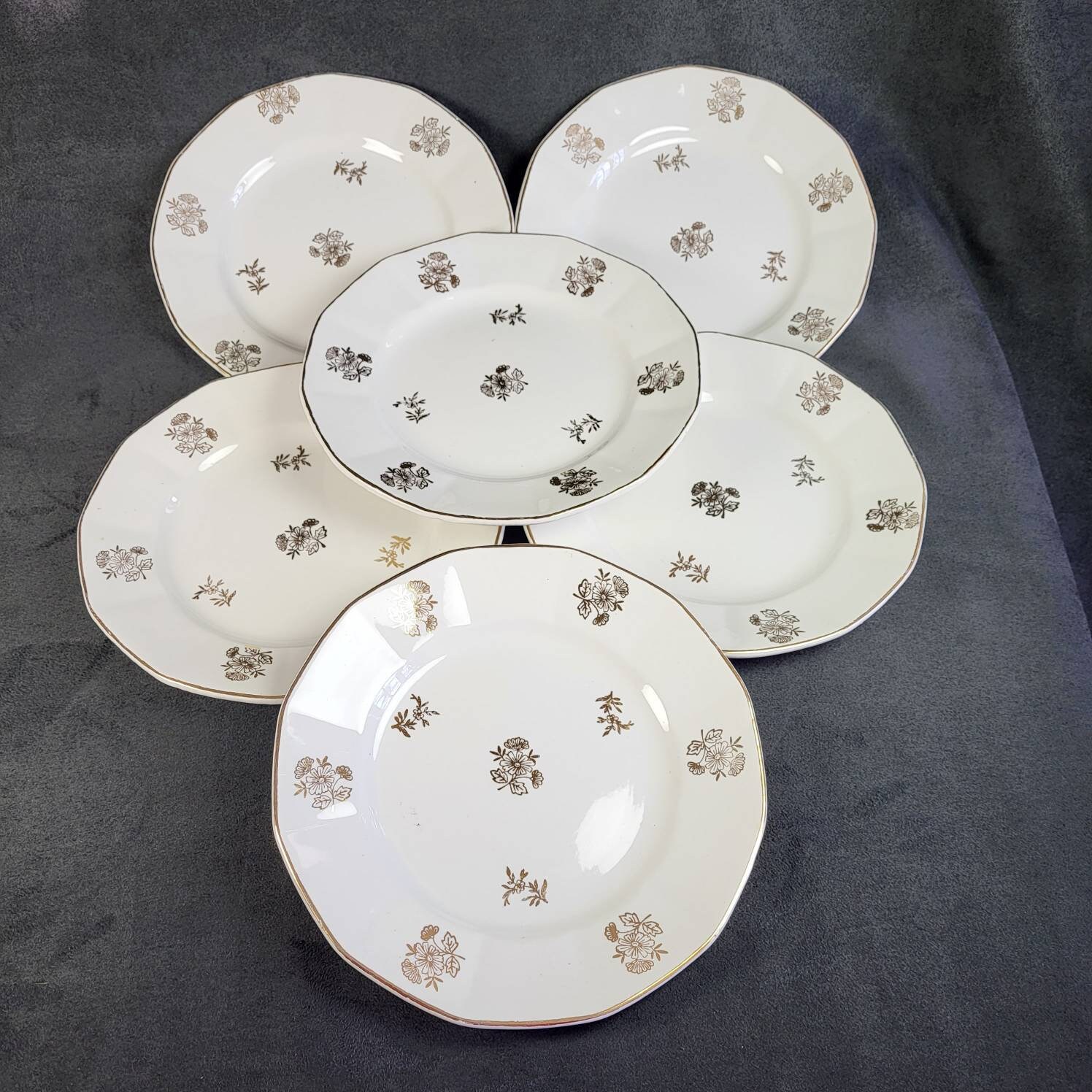 Sarreguemines Fleurs de France 6 dessert plates gilded white earthenware and gilded bouquets of flowers Sarreguemines vintage Made in France