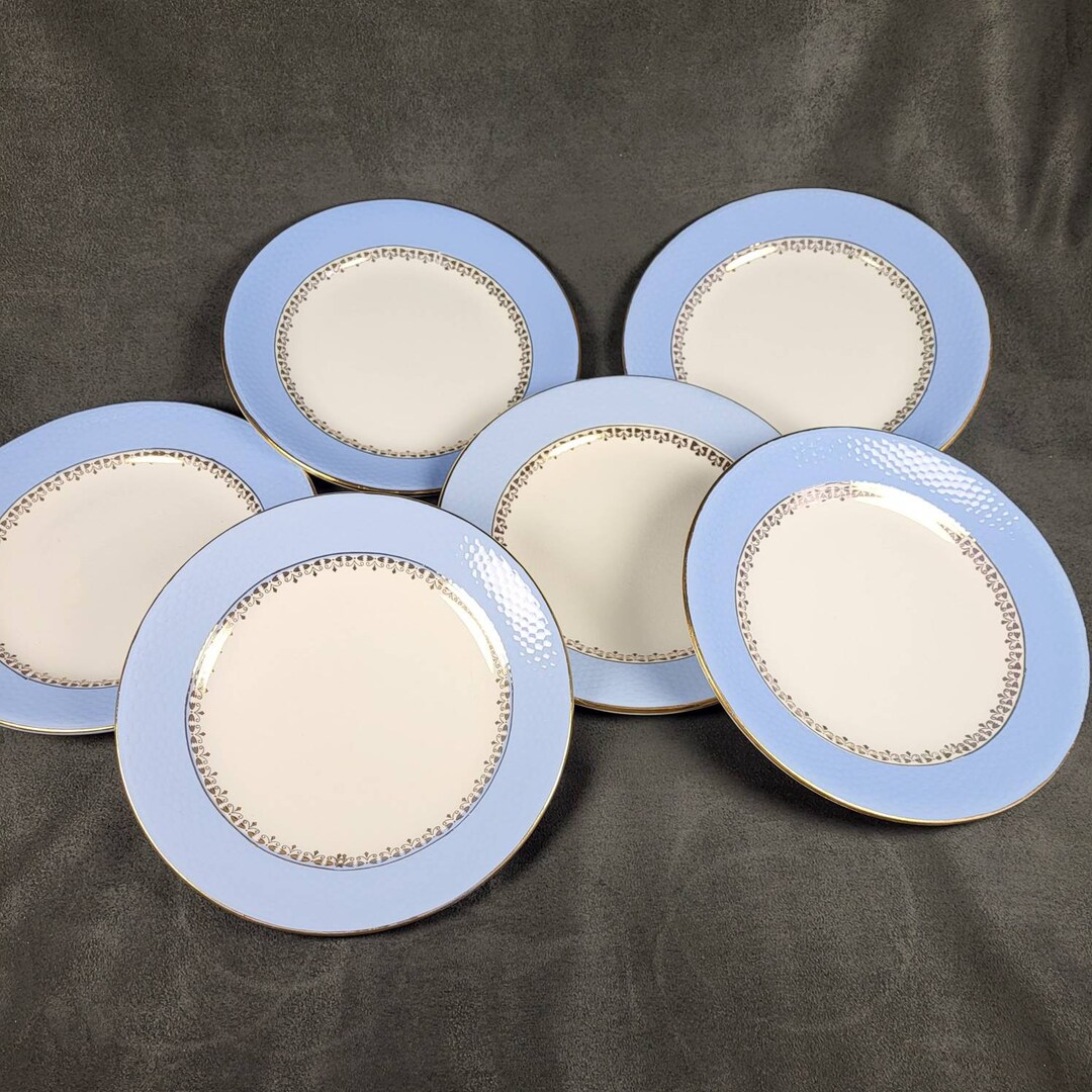 Cafés Gilbert 6 Blue Dessert Plates Gilded Frieze