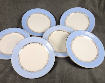 Cafés Gilbert 6 blue dessert plates gilded frieze honeycomb-shaped earthenware by Moulin des Loups for Gilbert coffee vintage Made in France