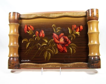 Art Deco wooden tray signed Rope wooden handles 1930  vintage  Made in France