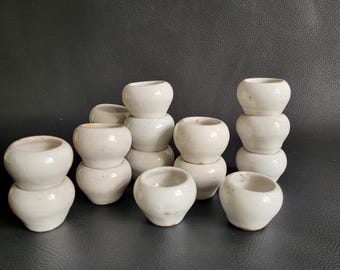 Set of 16 sandstone small cups shabby chic stoneware bowls for snails, sauce, herbs vintage Made in France