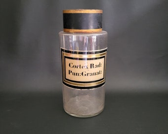 Apothecary jar blown glass with pewter cap black and gold cap and label vintage Cortex Rad Pun Granat Made in France