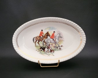 Oval serving dish hunting dish with horses and pack of dogs vintage