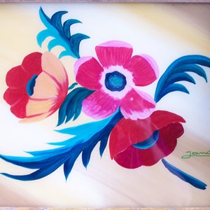 Art Deco wooden tray painting of flowers signed Janette oak tray vintage 1930 Made in France image 2