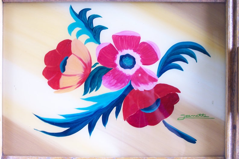 Art Deco wooden tray painting of flowers signed Janette oak tray vintage 1930 Made in France image 2