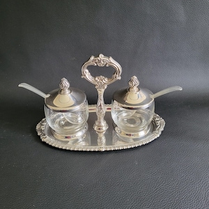 Sheridan EPS jam pots or pickles service silver plated tray 2 pots with lids and spoons vintage