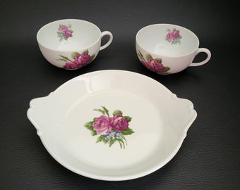 Porcelaine de Paris roses tea cups and egg dish Aluminite Limoges porcelain vintage Made in France