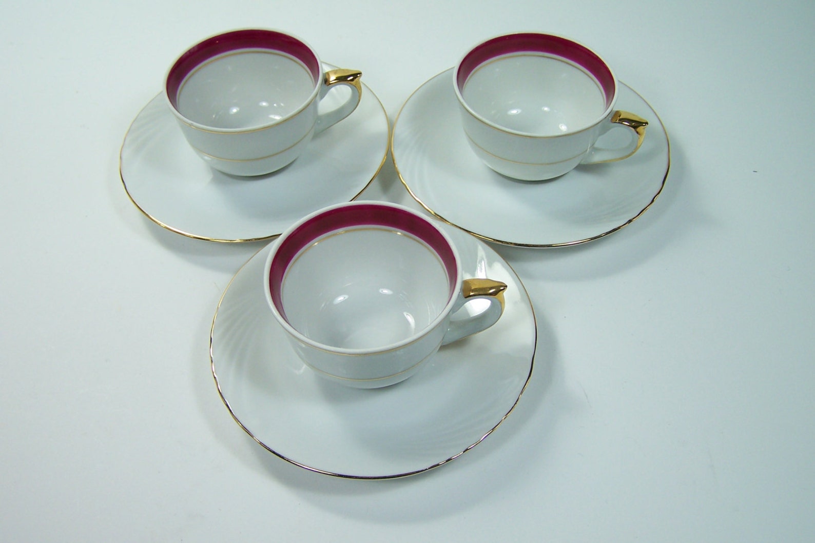 3 Tasses à Thé Limoges Porcelaine – Années 30, Art Déco, Bleu Rayé, Fait Main