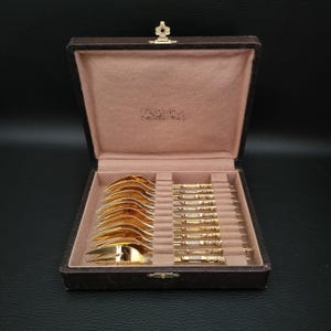 Ercuis 12 gilded pastry cake forks Russian-style handles 12 small forks gilded cutlery by Ercuis vintage  Made in France