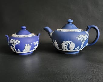 ネイビージャスパーウェアのシュガーボウルとクリーマー：アンティーク