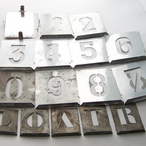 Set of old stencil figures and letters 10 figures 4 letters ROALF zinc stencils for walls, barrels, furniture vintage  Made in France