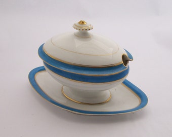 Sucrier ovale couvert en porcelaine blanche liserés or bordures bleues Porcelaine de Paris vintage Made in France