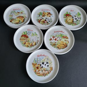 6 china cheese plates  6 different cheeses 6 humorous drawings by L&#39;Hirondelle Mehun sur Yevre vintage  Made in France