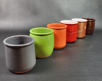 Set of 6  yogurt pots grey green red orange brown bronze enamel terracotta vintage  Made in France