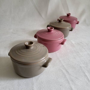Emile Henry 4 Mini casserole dishes by Emile Henry ceramic little cooking dishes single casserole dish 2 grey 2 pink vintage  Made in France