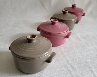 Emile Henry 4 Mini casserole dishes by Emile Henry ceramic little cooking dishes single casserole dish 2 grey 2 pink vintage  Made in France