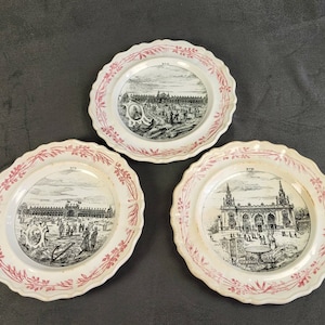 Creil et Montereau Universal Exhibition 1900 3 dessert talking plates  number 9 to 11 black and red plates Made in France