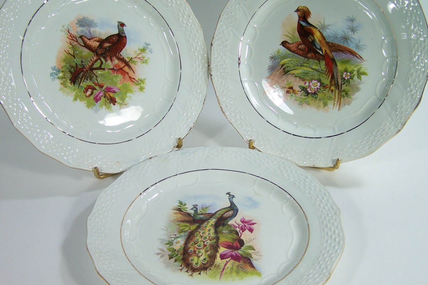 Ensemble de 3 Assiettes à Dessert Faisan, Faisan Royal et Paon Moulin Des Loups & Hamage en Faïence 