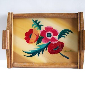 Art Deco wooden tray painting of flowers signed Janette oak tray vintage 1930 Made in France image 1