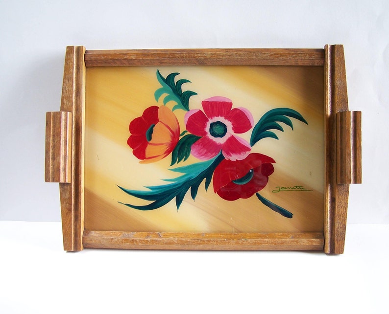 Art Deco wooden tray painting of flowers signed Janette oak tray vintage 1930 Made in France image 1