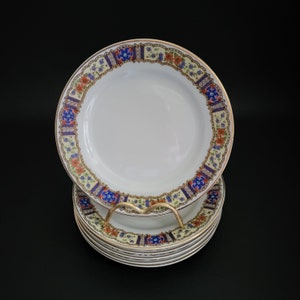 Raynaud Limoges 6 dessert or salad plates Limoges porcelain with golden trim and multicolor frieze vintage  Made in France