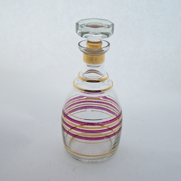 MCM liqueur carafe glass pink and gold  with stopper MCM carafe vintage Made in France 1950