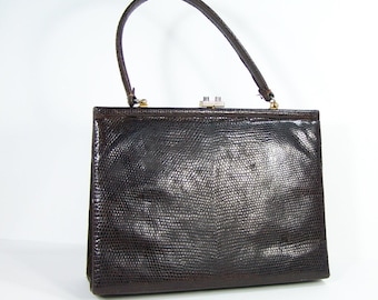 Brown lizard handbag  with its golden padlock leather lined vintage Made in France