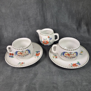 Porcelaine de Paris 2 cups and saucers and milk pot Poppy pattern Thick fine china  vintage  Made in France