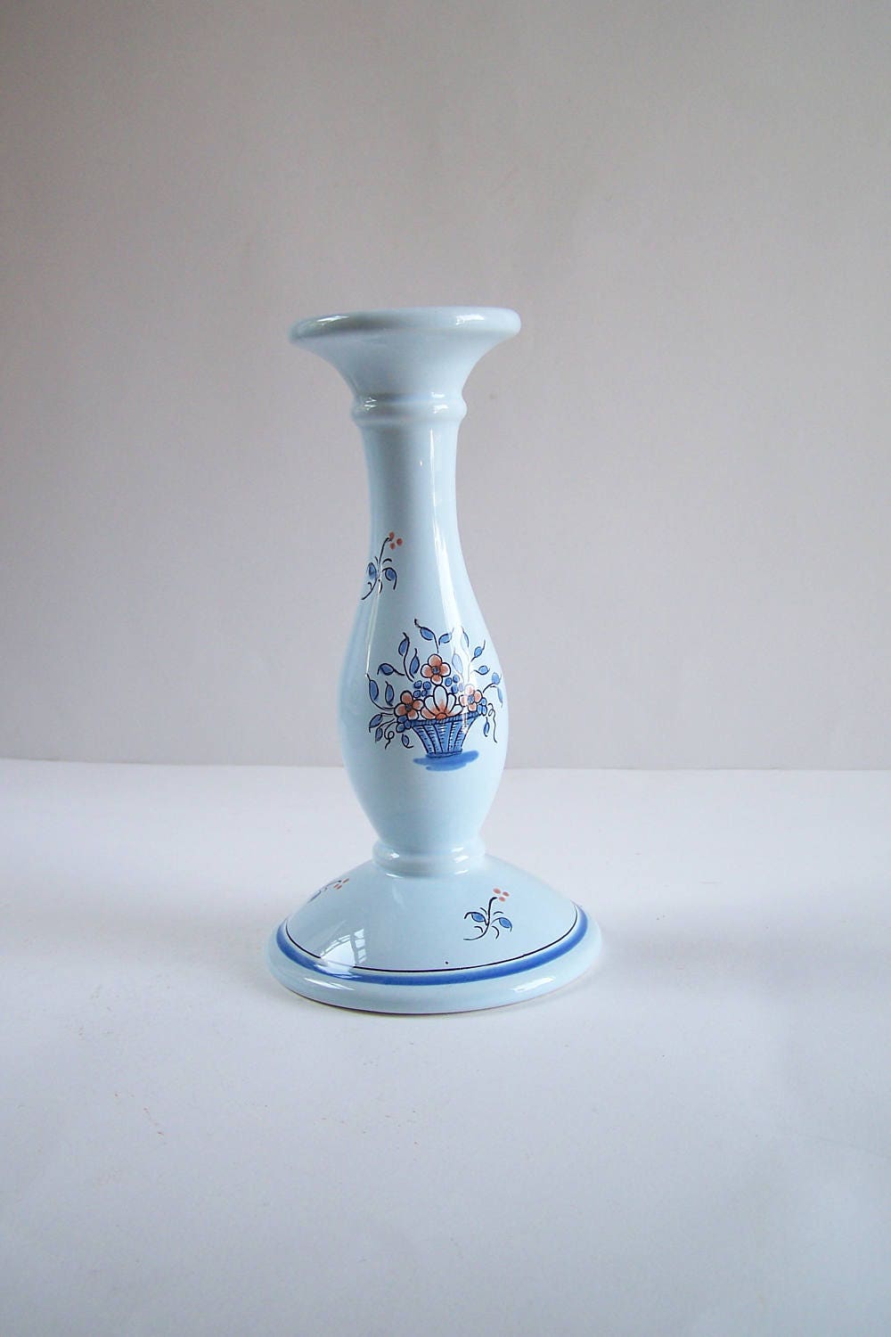 Bougeoir Faïence de Pornic Peint à La Main Bleu Pâle Motif Floral Vintage Made in France