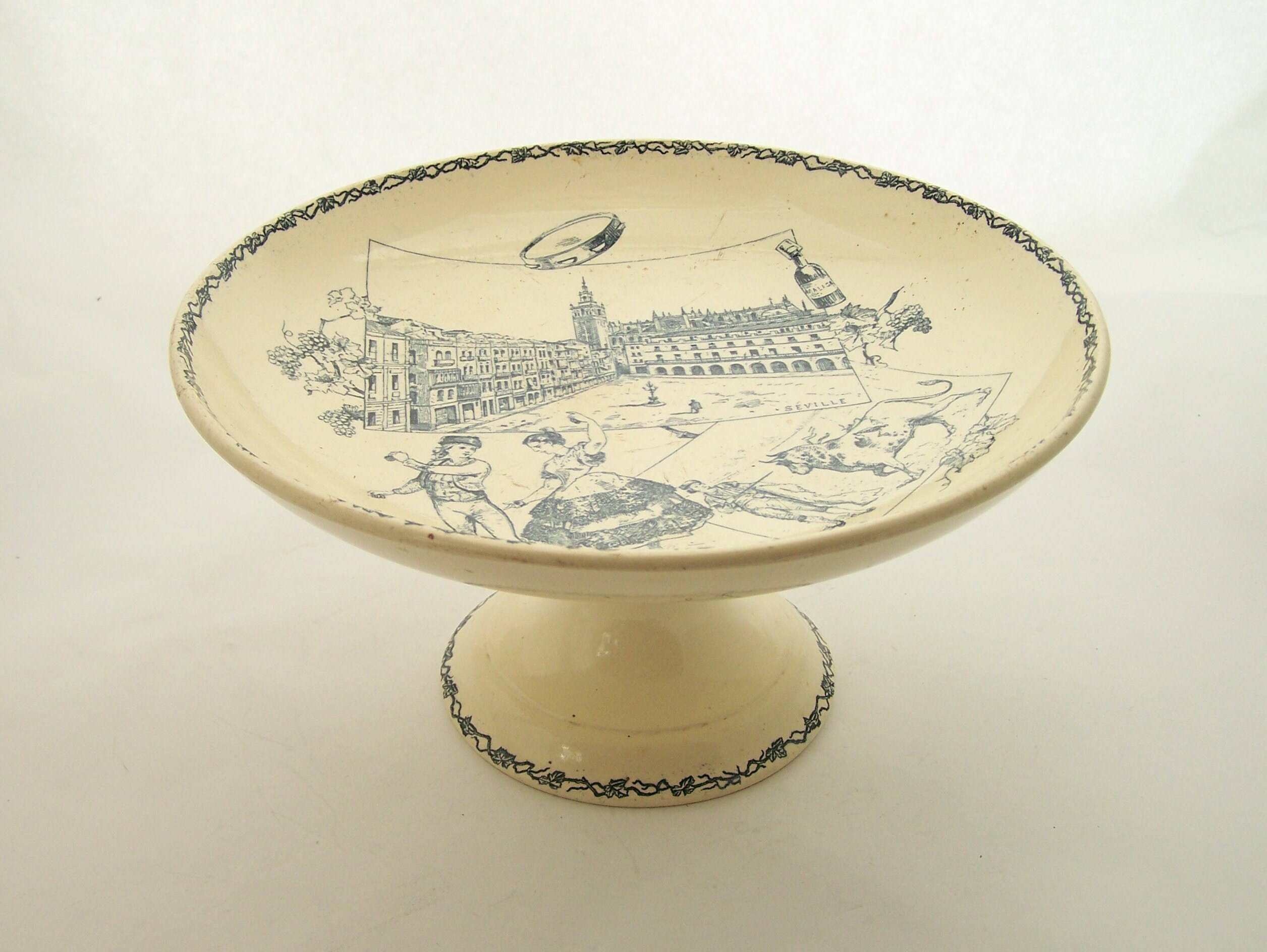 Compotier en Faïence de Lunéville Décor Séville Bleu K et G - Keller Guérin 1880 Coupe sur Piedouche