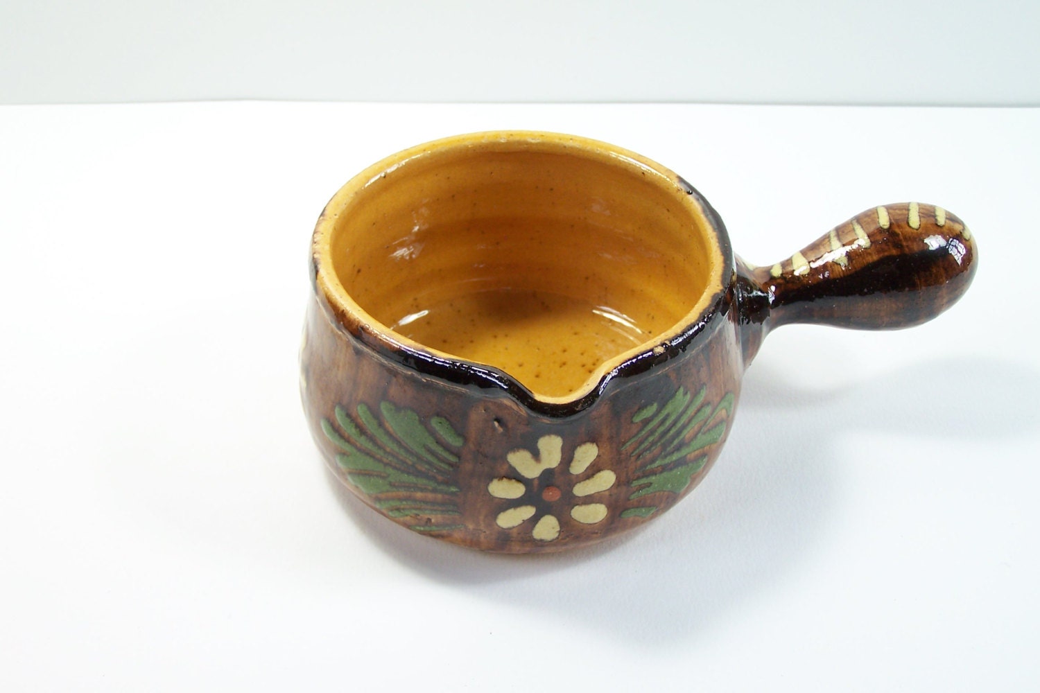 Poelon en Terre Vernissée Alsacienne Poelon Motif Marguerite Vintage Alsace Made in France