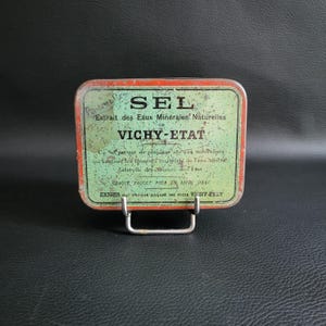 Tin box &quot;Sel Vichy-Etat&quot; french salt to make mineral water empty box of 25 parcels vintage 1930 Made in France