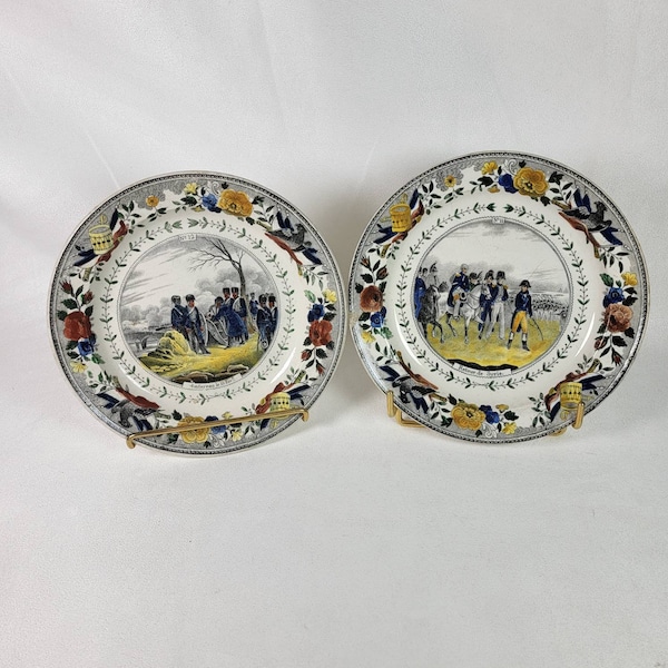 Napoleon plates Louis Lebeuf 2 plates Montereau earthenware  number 11 and 12 19's vintage  Made in France