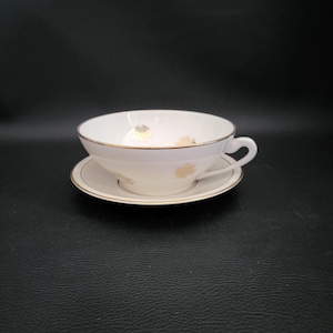 Limoges large cup on Gien saucer mix and match tea set gilded roses on white china earthenware saucer vintage Made in France
