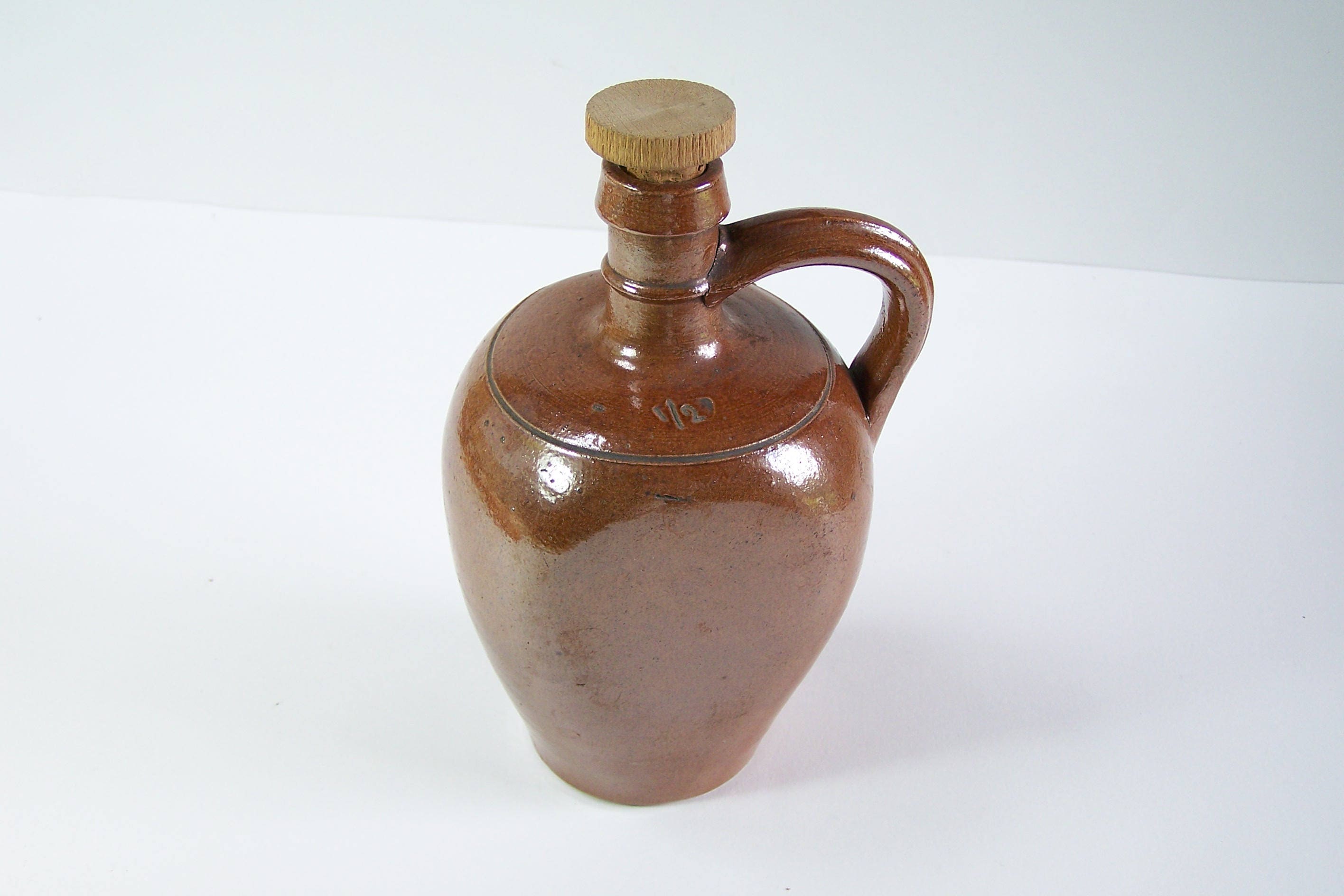 Pichet en Grès Vernissé Carafon Bouchon Liège et Bois Poterie Artisanale Vintage