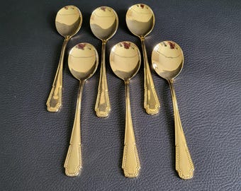 6 gilded ice cream spoons pearl pattern vintage