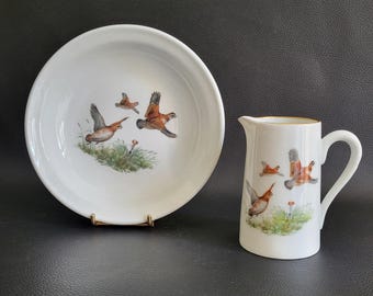 Porcelaine de Paris cereals set deep plate and creamer single breakfast set Limoges porcelain partridges pattern  vintage Made in France
