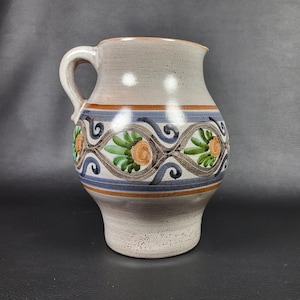 French handcrafted pottery pitcher hand painted jug wine pitcher beige glazed carafe  pitcher vintage