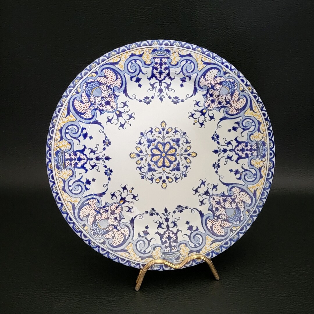 Gien Plate Rouen Radiating Pattern Yellow and Blue 1875 Vintage Made in ...