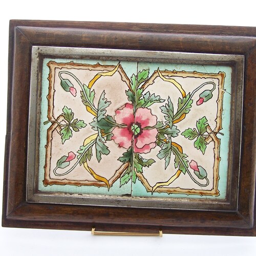 Art Nouveau Table mat poppy tile and oak tree earthenware table mat 1920 rectangular old shops table mat poppy pattern vintage
