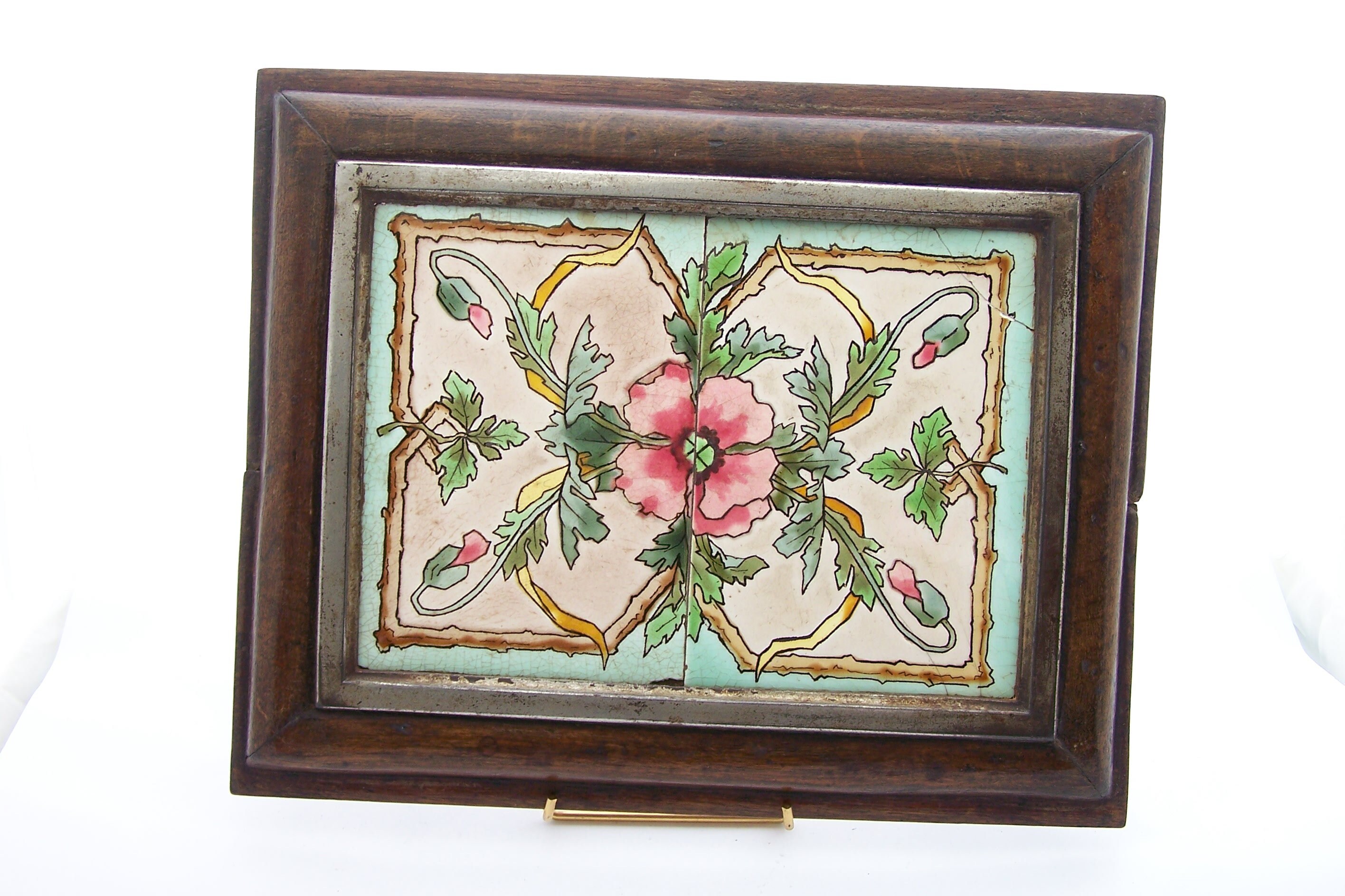 Dessous-De-Plat Art Nouveau Carreaux de Faïence et Chêne Dessous-De-Plat 1920 Grand Rectangulaire Vi