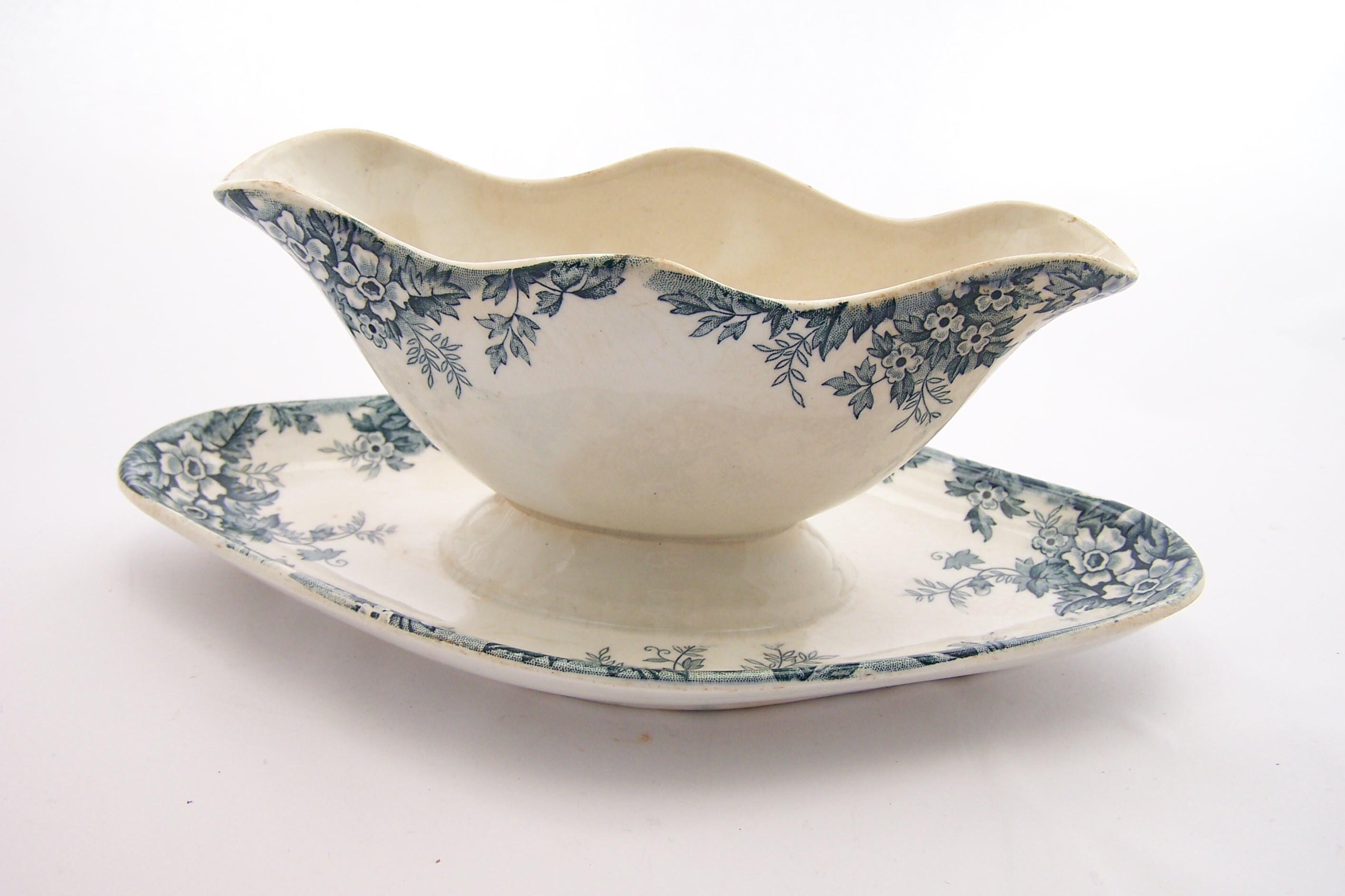 Saucière à 2 Becs Terre de Fer St Amand et Hamage Décor Marie-Louise Bleu 1896-1952 Vintage Made in 