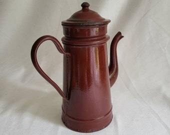 Tall enamel coffee pot with filter  brown/red enamel coffee pot vintage 1940 Made in France