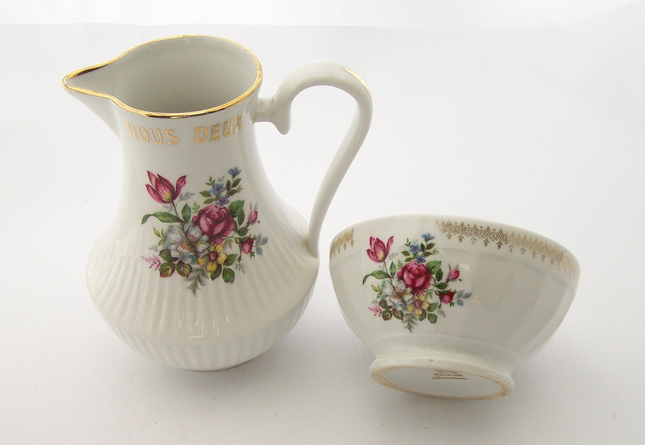 Pichet et Bol Assorti Pichet Nous Deux en Porcelaine Chauvigny Bouquet de Fleurs Véritable Vintage M