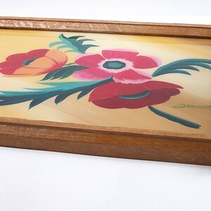 Art Deco wooden tray painting of flowers signed Janette oak tray vintage 1930 Made in France image 3